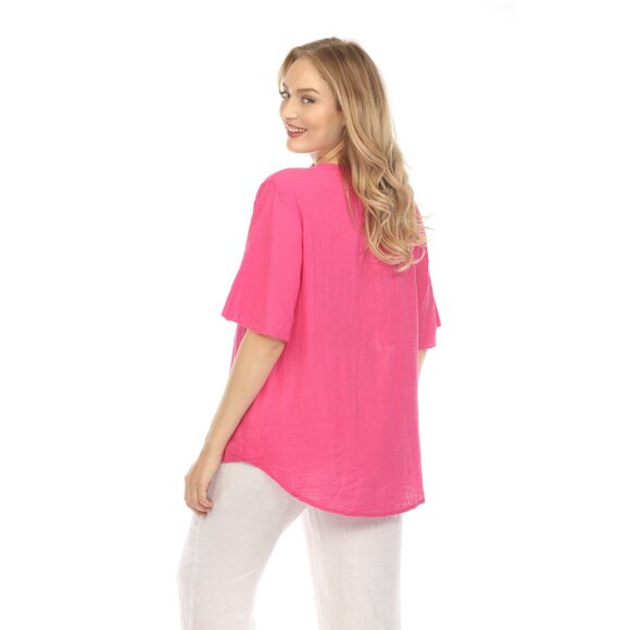 Fuchsia V Neck Plain Top With Bell Sleeves - Picture 3 of 7